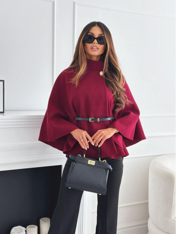 Elegant Cape Coat with Belt - Women's Structured Outerwear for Timeless Sophistication