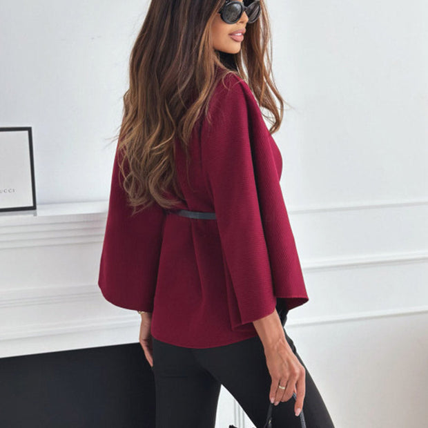 Elegant Cape Coat with Belt - Women's Structured Outerwear for Timeless Sophistication