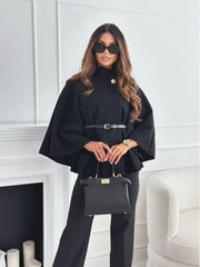 Elegant Cape Coat with Belt - Women's Structured Outerwear for Timeless Sophistication