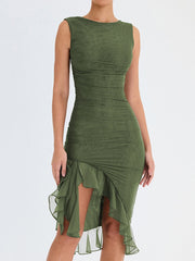 Elegant Floral Midi Dress with Ruffle Detail – Long Sleeve, High-Quality Polyester for Women-Cramta