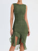 Elegant Floral Midi Dress with Ruffle Detail – Long Sleeve, High-Quality Polyester for Women-Cramta