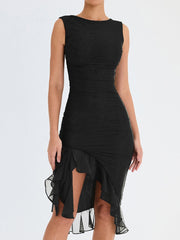 Elegant Floral Midi Dress with Ruffle Detail – Long Sleeve, High-Quality Polyester for Women-Cramta