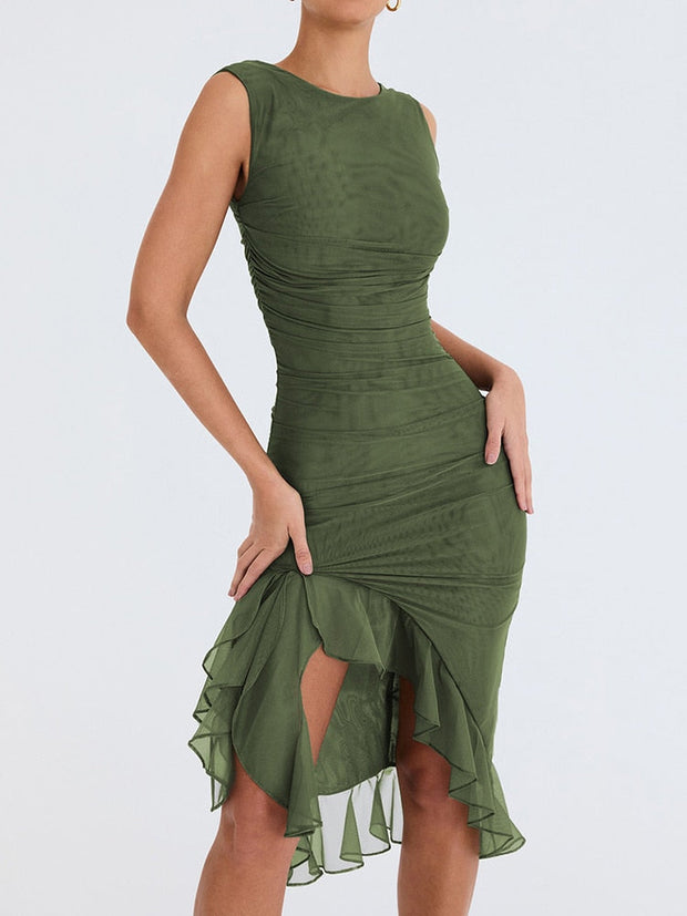 Elegant Floral Midi Dress with Ruffle Detail – Long Sleeve, High-Quality Polyester for Women-Cramta