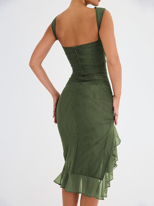 Elegant Floral Midi Dress with Ruffle Detail – Long Sleeve, High-Quality Polyester for Women-Cramta