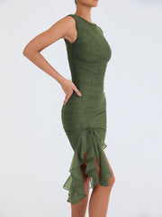 Elegant Floral Midi Dress with Ruffle Detail – Long Sleeve, High-Quality Polyester for Women-Cramta