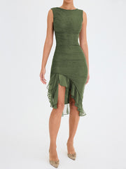 Elegant Floral Midi Dress with Ruffle Detail – Long Sleeve, High-Quality Polyester for Women-Cramta