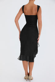 Elegant Floral Midi Dress with Ruffle Detail – Long Sleeve, High-Quality Polyester for Women-Cramta