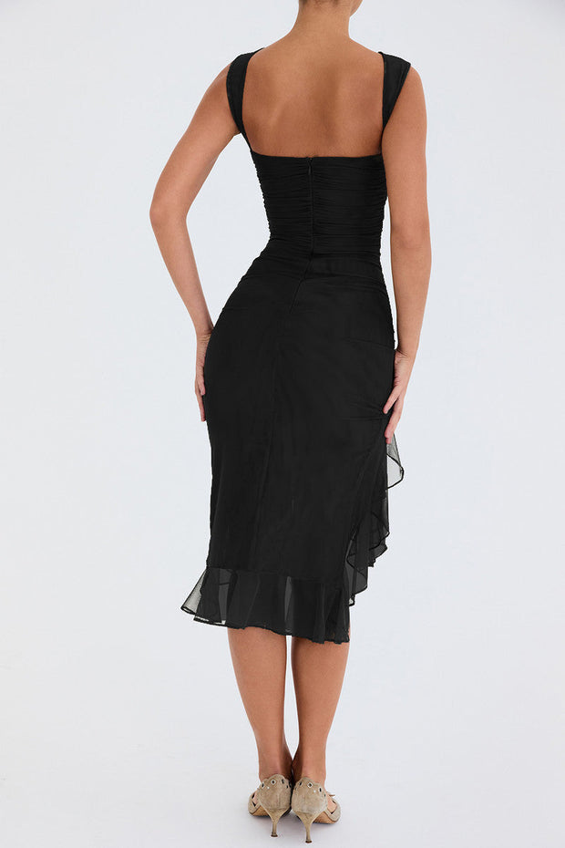 Elegant Floral Midi Dress with Ruffle Detail – Long Sleeve, High-Quality Polyester for Women-Cramta