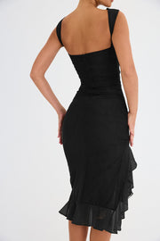 Elegant Floral Midi Dress with Ruffle Detail – Long Sleeve, High-Quality Polyester for Women-Cramta