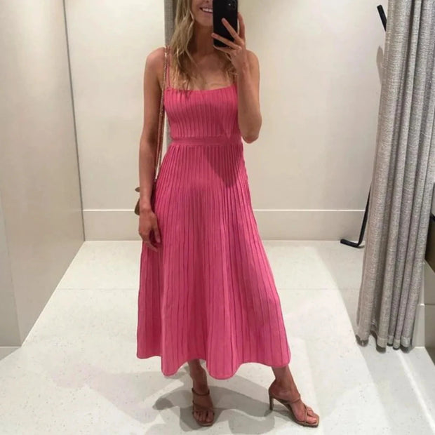Elegant Knitted Pleated Long Dress for Women – Comfortable Maxi Dress in High-Quality Polyester and Spandex-Cramta