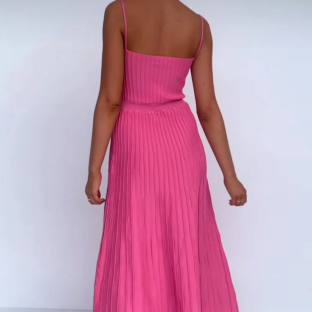 Elegant Knitted Pleated Long Dress for Women – Comfortable Maxi Dress in High-Quality Polyester and Spandex-Cramta