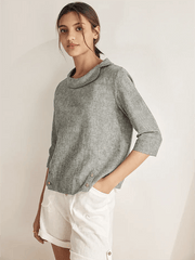 Elegant Linen Gingham Pullover Sweater with Draped Collar and Button Accents - Three-Quarter Sleeves