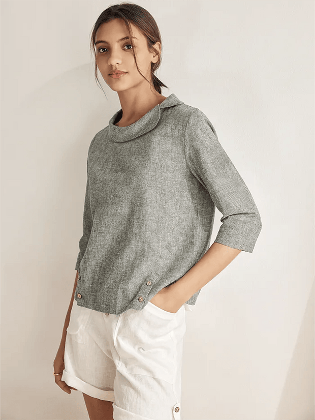 Elegant Linen Gingham Pullover Sweater with Draped Collar and Button Accents - Three-Quarter Sleeves