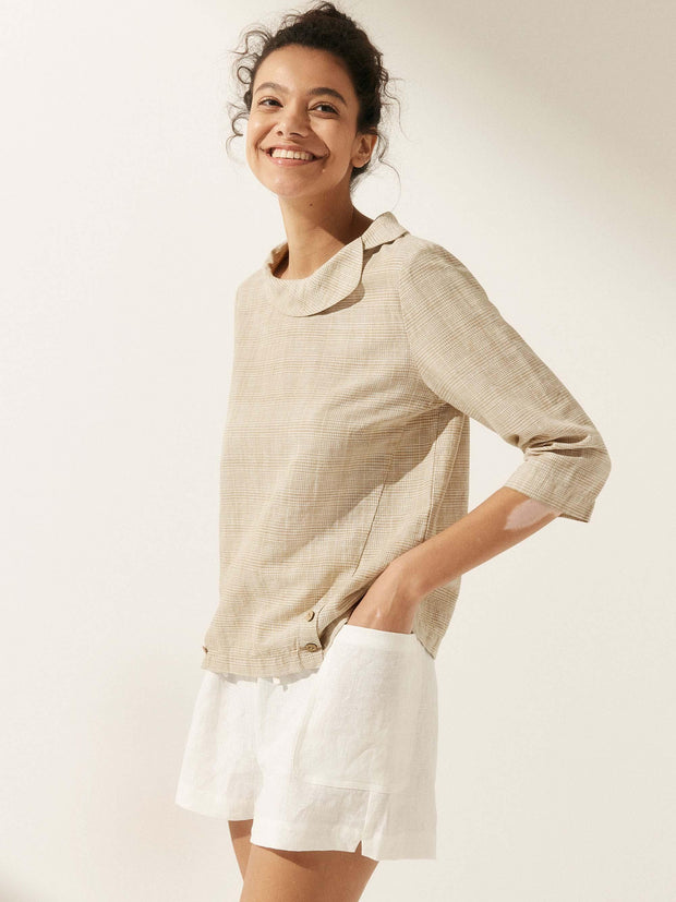 Elegant Linen Gingham Pullover Sweater with Draped Collar and Button Accents - Three-Quarter Sleeves