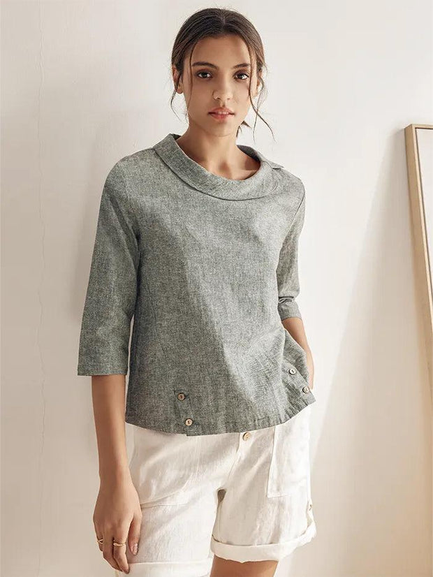 Elegant Linen Gingham Pullover Sweater with Draped Collar and Button Accents - Three-Quarter Sleeves