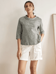 Elegant Linen Gingham Pullover Sweater with Draped Collar and Button Accents - Three-Quarter Sleeves
