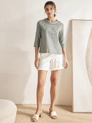 Elegant Linen Gingham Pullover Sweater with Draped Collar and Button Accents - Three-Quarter Sleeves