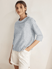 Elegant Linen Gingham Pullover Sweater with Draped Collar and Button Accents - Three-Quarter Sleeves