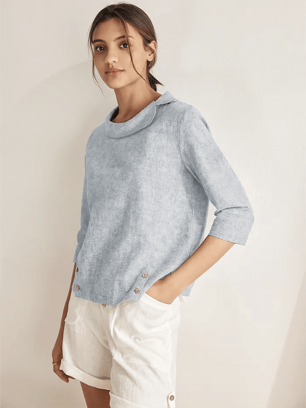 Elegant Linen Gingham Pullover Sweater with Draped Collar and Button Accents - Three-Quarter Sleeves