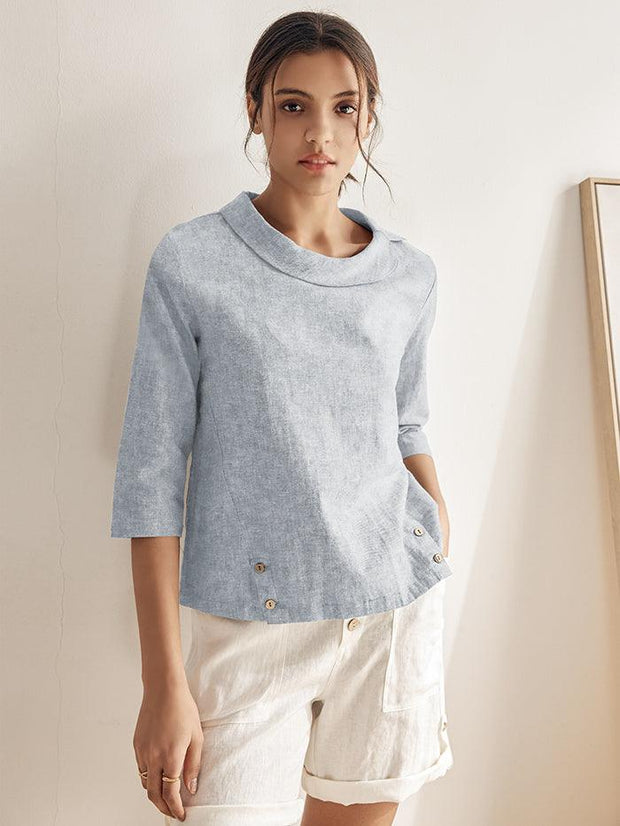 Elegant Linen Gingham Pullover Sweater with Draped Collar and Button Accents - Three-Quarter Sleeves