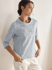 Elegant Linen Gingham Pullover Sweater with Draped Collar and Button Accents - Three-Quarter Sleeves