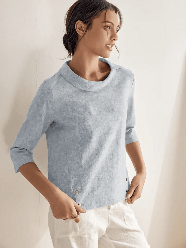 Elegant Linen Gingham Pullover Sweater with Draped Collar and Button Accents - Three-Quarter Sleeves