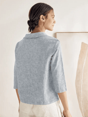 Elegant Linen Gingham Pullover Sweater with Draped Collar and Button Accents - Three-Quarter Sleeves