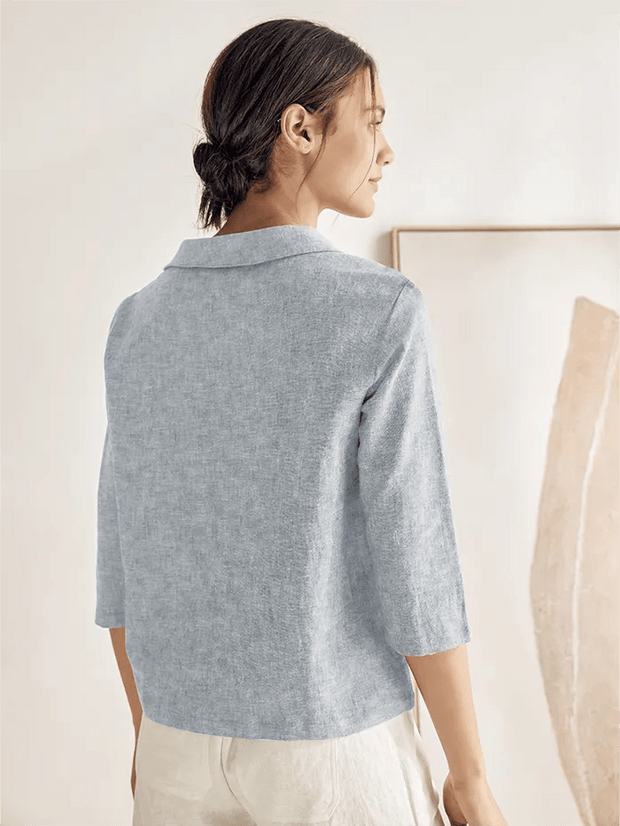 Elegant Linen Gingham Pullover Sweater with Draped Collar and Button Accents - Three-Quarter Sleeves