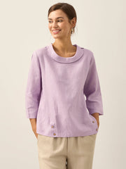Elegant Linen Gingham Pullover Sweater with Draped Collar and Button Accents - Three-Quarter Sleeves