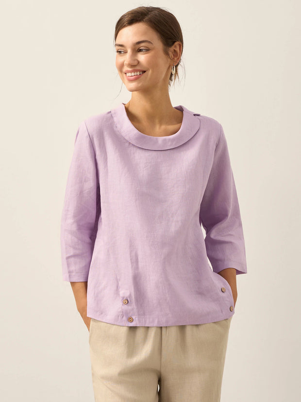 Elegant Linen Gingham Pullover Sweater with Draped Collar and Button Accents - Three-Quarter Sleeves