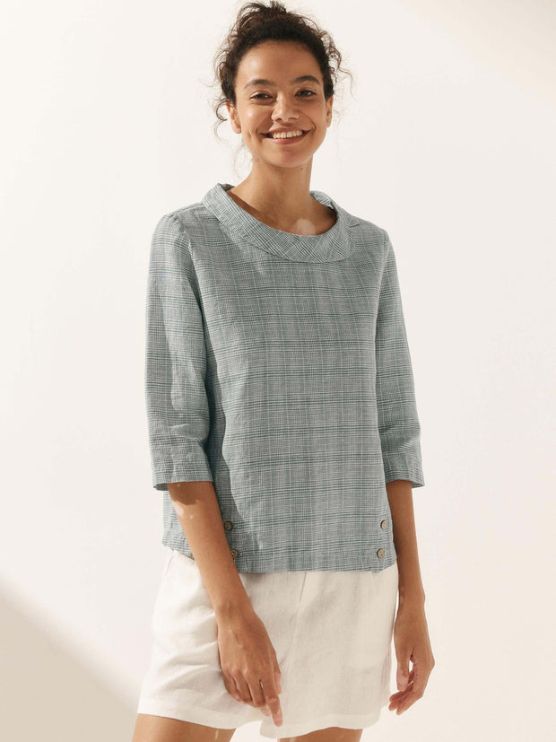 Elegant Linen Gingham Pullover Sweater with Draped Collar and Button Accents - Three-Quarter Sleeves
