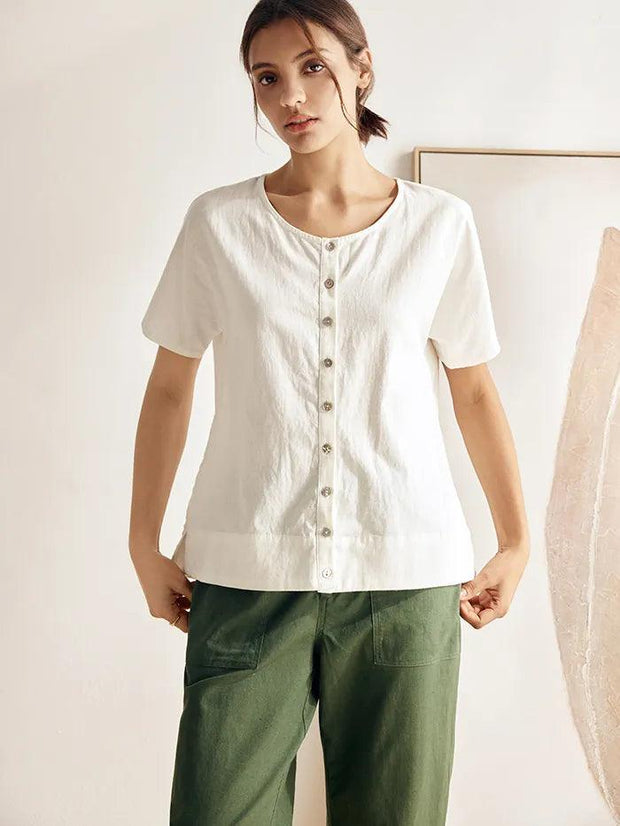 Elegant Linen Short-Sleeved Women's Top with Relaxed Fit and Button Down Design – Casual Blouse for Women