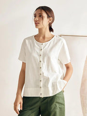 Elegant Linen Short-Sleeved Women's Top with Relaxed Fit and Button Down Design – Casual Blouse for Women