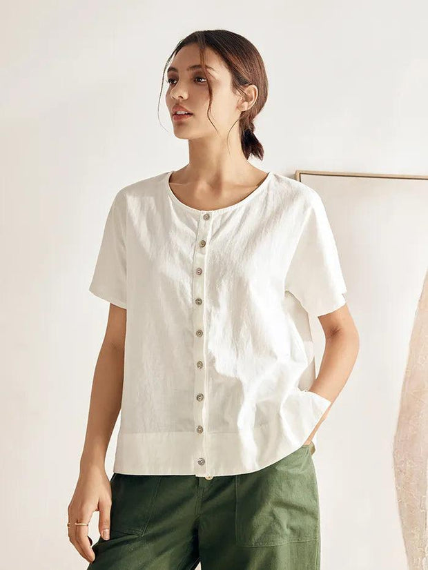 Elegant Linen Short-Sleeved Women's Top with Relaxed Fit and Button Down Design – Casual Blouse for Women