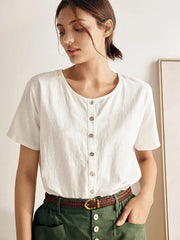 Elegant Linen Short-Sleeved Women's Top with Relaxed Fit and Button Down Design – Casual Blouse for Women