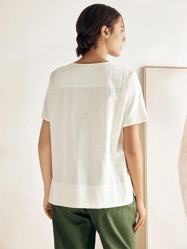 Elegant Linen Short-Sleeved Women's Top with Relaxed Fit and Button Down Design – Casual Blouse for Women