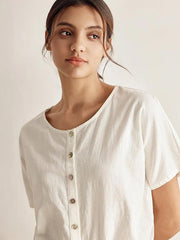 Elegant Linen Short-Sleeved Women's Top with Relaxed Fit and Button Down Design – Casual Blouse for Women