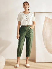 Elegant Linen Short-Sleeved Women's Top with Relaxed Fit and Button Down Design – Casual Blouse for Women