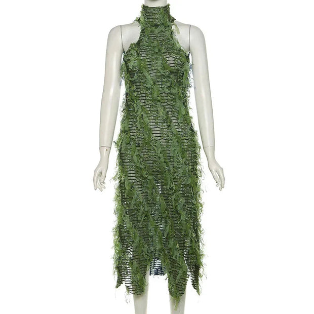 Elegant Long Sleeve Maxi Dress for Women with Tassel Detail - Premium Polyester Fabric-Cramta