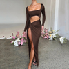 Elegant Long Sleeve Maxi Dress with High Split and Elastic Waist – Stylish Long Dresses for Women-Cramta