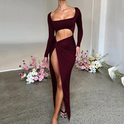Elegant Long Sleeve Maxi Dress with High Split and Elastic Waist – Stylish Long Dresses for Women-Cramta