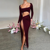 Elegant Long Sleeve Maxi Dress with High Split and Elastic Waist – Stylish Long Dresses for Women-Cramta