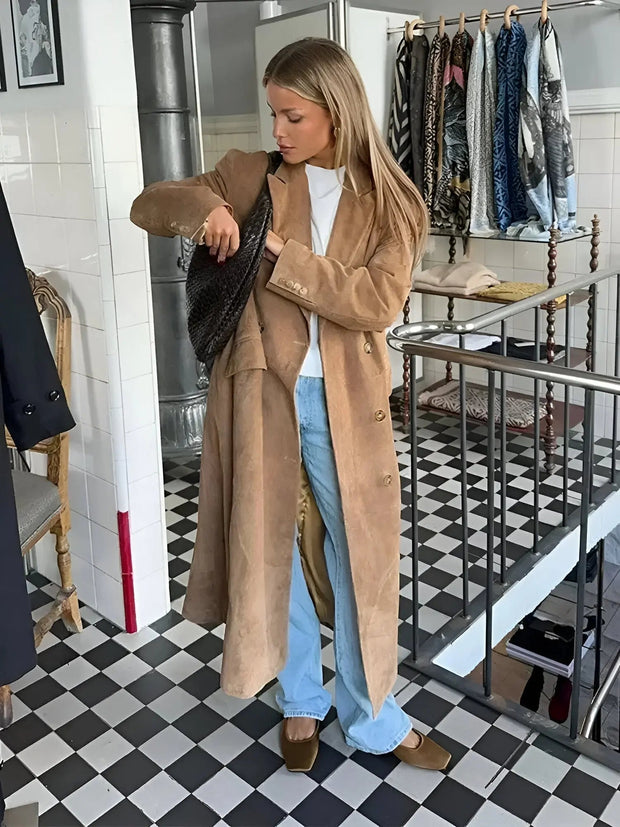 Elegant Longline Coat for Women with Structured Lapel – Versatile Outer Layer for Any Occasion