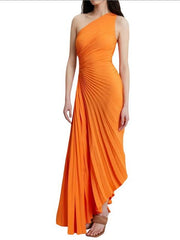 Elegant One-Shoulder Pleated Maxi Dress for Women - Lightweight Long Dress for Summer Events-Cramta