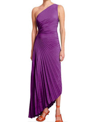 Elegant One-Shoulder Pleated Maxi Dress for Women - Lightweight Long Dress for Summer Events-Cramta