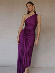 Elegant One-Shoulder Pleated Maxi Dress for Women - Lightweight Long Dress for Summer Events-Cramta
