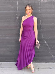 Elegant One-Shoulder Pleated Maxi Dress for Women - Lightweight Long Dress for Summer Events-Cramta