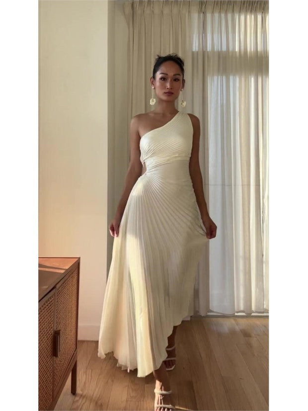 Elegant One-Shoulder Pleated Maxi Dress for Women - Lightweight Long Dress for Summer Events-Cramta