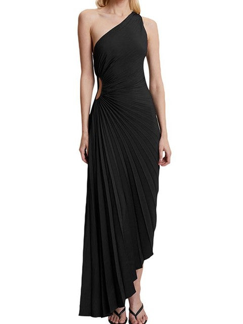 Elegant One-Shoulder Pleated Maxi Dress for Women - Lightweight Long Dress for Summer Events-Cramta
