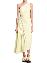 Elegant One-Shoulder Pleated Maxi Dress for Women - Lightweight Long Dress for Summer Events-Cramta